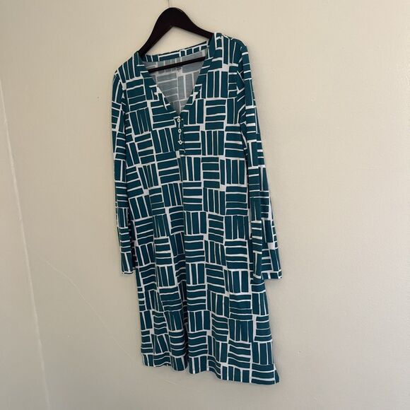 GARNET HILL Organic-Cotton Knit Henley Gown, Teal Geometric- XS - Picture 2 of 9